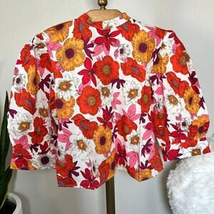 Sur La Vague White Red Orange Floral Mock Neck Puffed Sleeves Top Size M